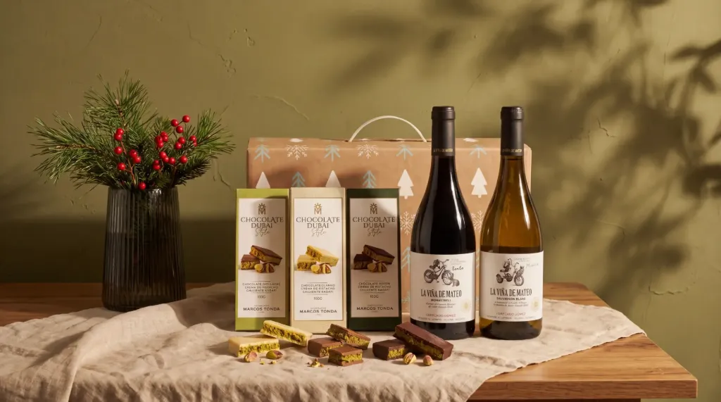 Kerstpakket I Dubai Chocolate & Wijn